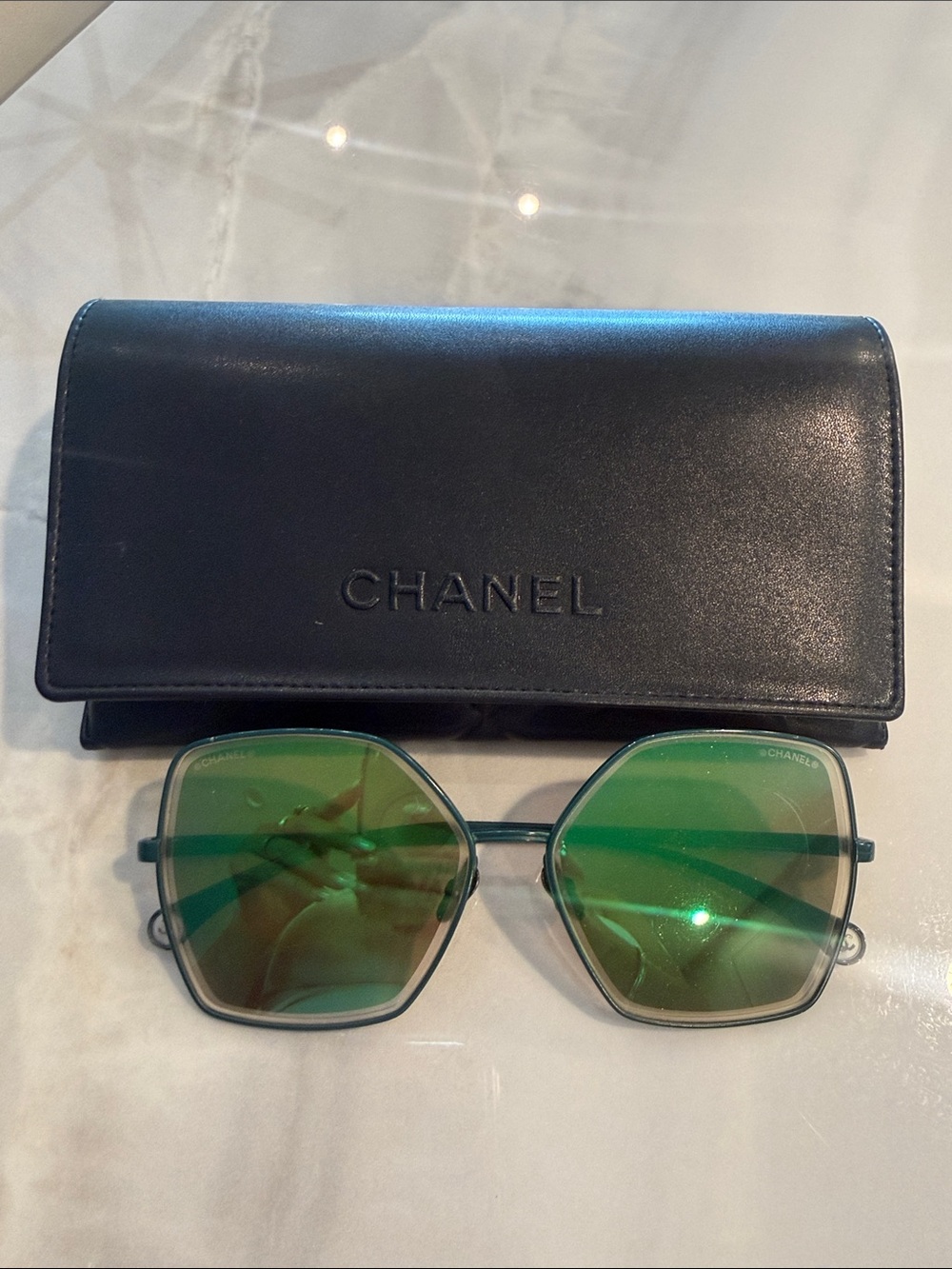 CHANEL Green Lens Geometric Sunglasses with Black Case